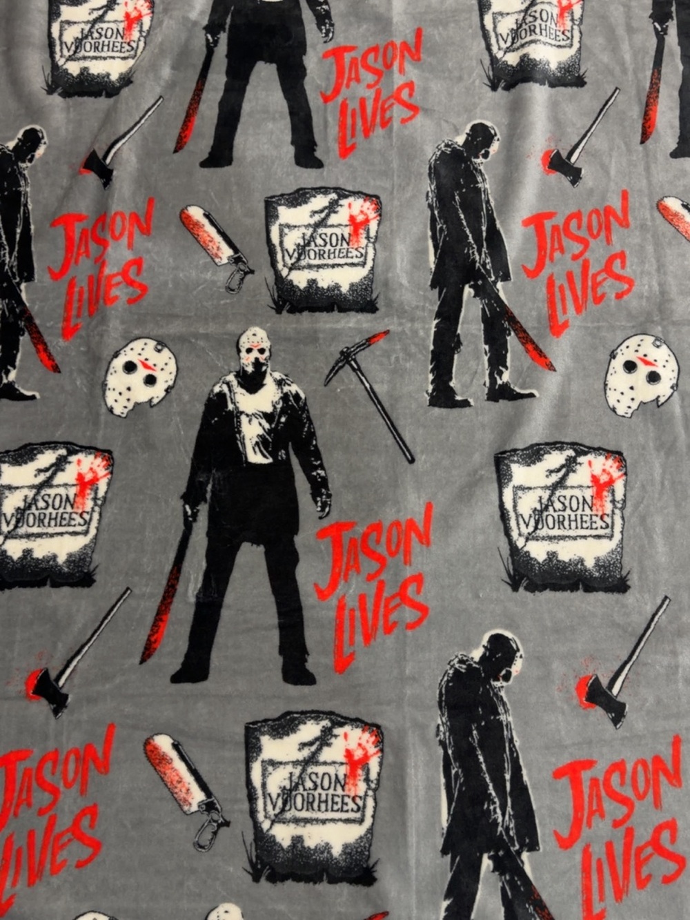 Jason Lives Horror Plush Throw Blanket - Gray with Red and Black